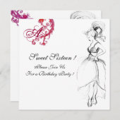 16 . GEBURTSTAG PARTY MONOGRAM, rot-weiß Einladung (Vorne/Hinten)