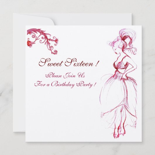 16 GEBURTSTAG PARTY MONOGRAM Roter Rosa Wirbel Einladung (Vorderseite)