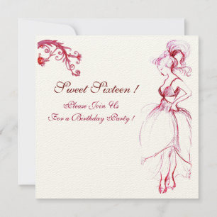 16 GEBURTSTAG PARTY MONOGRAM Roter Rosa Wirbel Einladung