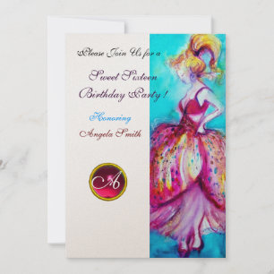 16 . GEBURTSTAG-PARTY, Rosa-Ruby-Monogramm-Gold Einladung