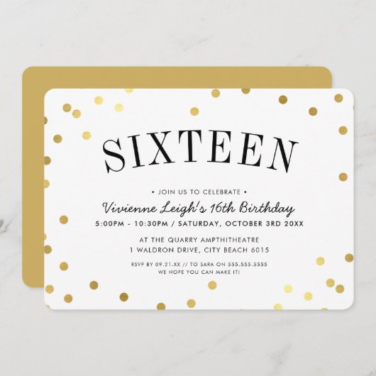 16 . GEBURTSTAG PARTY stilvolle Goldfass-Spots Einladung (Vorne/Hinten)