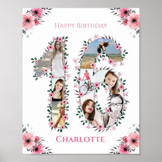 16. Geburtstag Pink Blume Girl FotoCollage Weiß Poster (Vorne)