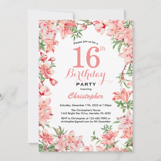 16. Geburtstag Pink Boho Botanische Blume Einladung (Vorderseite)