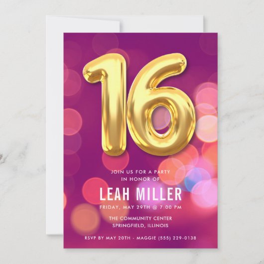 16 . Geburtstag Pink Bokeh Party Einladung (Vorderseite)