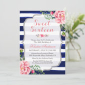 16 . Geburtstag Pink Floral Silver Streifen Einladung (Stehend Vorderseite)