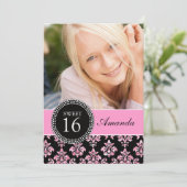 16 . GEBURTSTAG, PINK GLITZER, BLACK DAMASK EINLADUNG (Stehend Vorderseite)