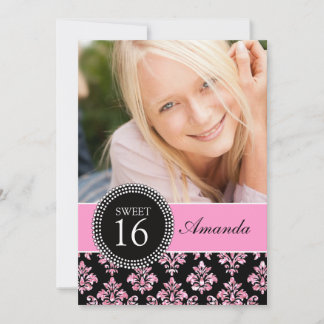 16 . GEBURTSTAG, PINK GLITZER, BLACK DAMASK EINLADUNG