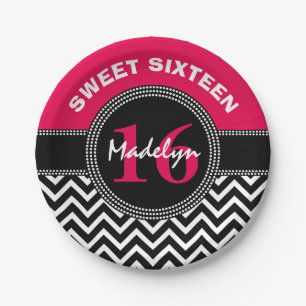 16 . Geburtstag Pink Monogram Zickzack Pappteller