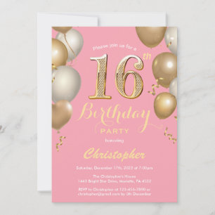 16. Geburtstag Pink und Gold Balloons Confetti Einladung