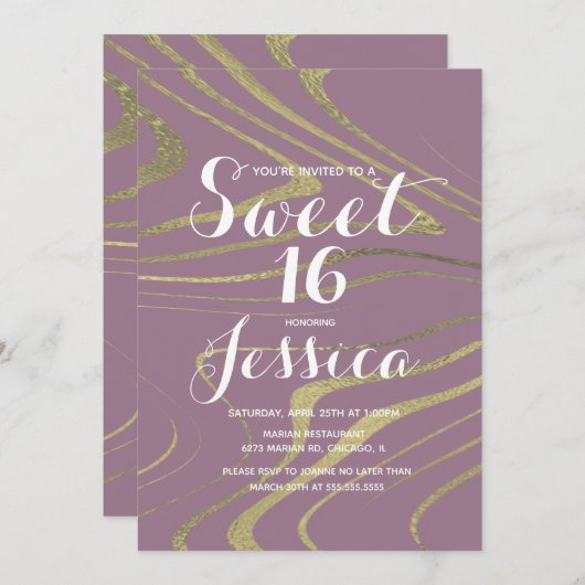 16. Geburtstag | Quince Marble Violet Imitate Gold Einladung (Vorne/Hinten)