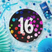16. Geburtstag Rainbow Dots auf Black Pappteller (Party)