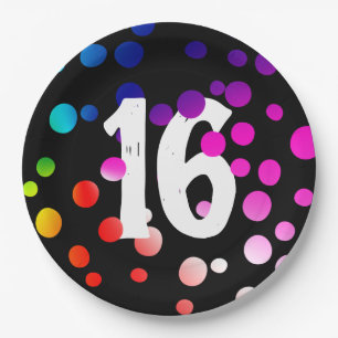 16. Geburtstag Rainbow Dots auf Black Pappteller