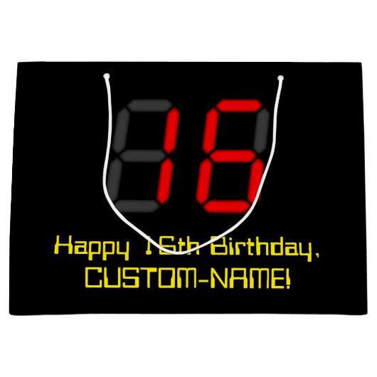 16. Geburtstag: Red Digital Clock Style "16" + Nam Große Geschenktüte (Vorderseite)