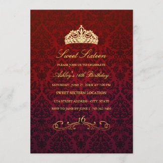 16. Geburtstag | Red Tiara & Damask Einladung