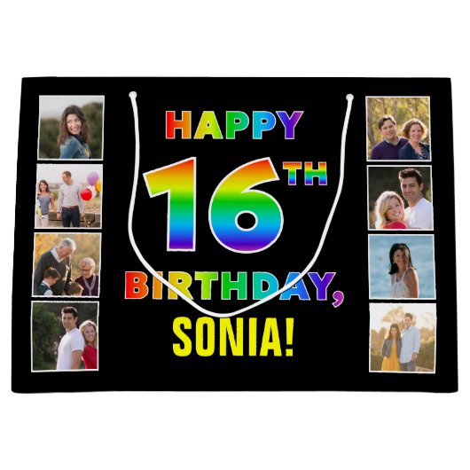 16. Geburtstag: Regenbogentext, benutzerdefinierte Große Geschenktüte (Vorderseite)