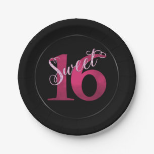 16. Geburtstag   Rosa Aquarell und Imitate Glitzer Pappteller