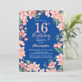 16. Geburtstag Rosa Blume Blau Einladung (Stehend Vorderseite)