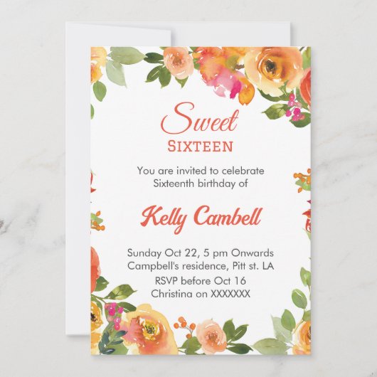 16 . Geburtstag Rosa Blumengeburtstag Einladung (Vorderseite)