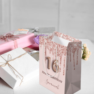 16. Geburtstag Rosa Glitzer Tropfen Rose Gold Mittlere Geschenktüte