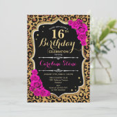 16. Geburtstag - Rosa Rosen Leopard Print Einladung (Stehend Vorderseite)