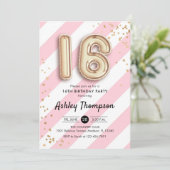 16. Geburtstag - Rosa Streifen Gold Balloons Einladung (Stehend Vorderseite)