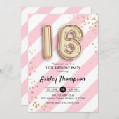 16. Geburtstag - Rosa Streifen Gold Balloons Einladung (Vorne/Hinten)