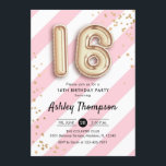 16. Geburtstag - Rosa Streifen Gold Balloons Einladung<br><div class="desc">Herzlich willkommen zum 16. Geburtstag. Elegantes Design in Imitaten Glitzer Gold mit rosa und weiße Streifen. Einladende Karte mit Goldnummer 16 Ballons,  Skript-Schriftart mit Konfetti. Ideal für eine stilvolle 16 . Geburtstag-Feier. Nachricht,  wenn du ein Alter brauchst.</div>