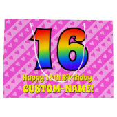 16. Geburtstag: Rosa Streifen & Herz, Regenbogen # Große Geschenktüte (Rückseite)