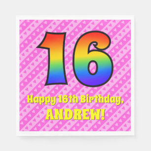 16. Geburtstag: Rosa Streifen & Herz, Regenbogen # Serviette