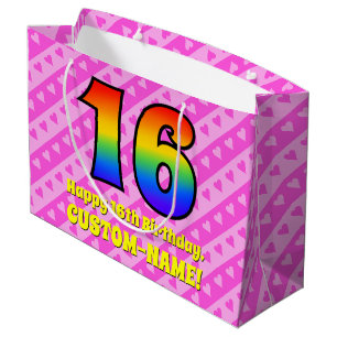 16. Geburtstag: Rosa Streifen und Herz, Regenbogen Große Geschenktüte