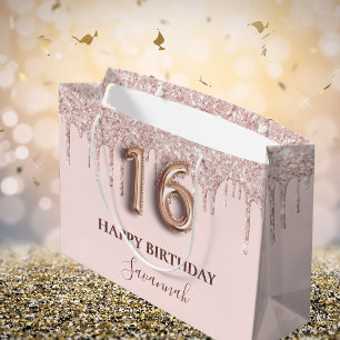 16. Geburtstag rosé-glitzer-tropfen rose-gold Große Geschenktüte