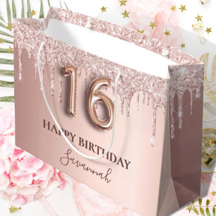 16. Geburtstag Rose Gold Glitzer Rosa Ballon Stil Große Geschenktüte