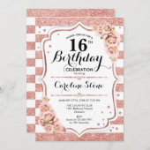 16. Geburtstag - Rose Gold Weiße Streifen Einladung (Vorne/Hinten)