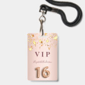 16. Geburtstag Rose goldrosa Sterne Ballonskript Ausweis (Vorderseite mit Lanyard)