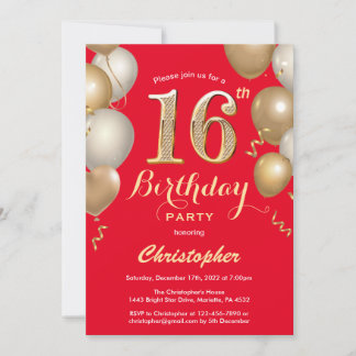 16. Geburtstag Rot und Gold Balloons Confetti Einladung