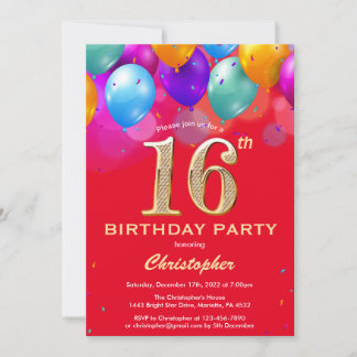 16. Geburtstag Rot und Gold farbige Ballons Einladung