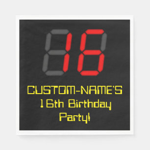 16. Geburtstag: Rote Digitaluhr-Art "16" + Name Serviette