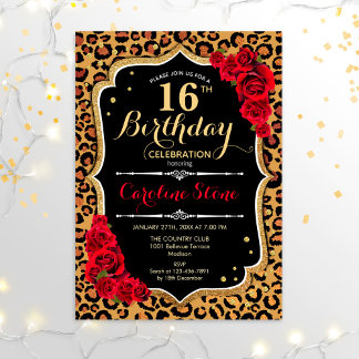 16. Geburtstag - Rote Rosen Leopard Print Einladung