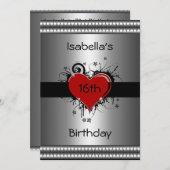 16. Geburtstag Roter Schwarzer Bläserner Herz Silb Einladung (Vorne/Hinten)