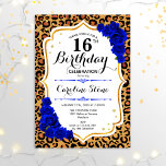 16. Geburtstag - Royal Blue Gold Leopard Print Einladung<br><div class="desc">Einladung zum 16. Geburtstag. Elegantes königsblaues Design mit Imitaten Glitzer Gold. Enthält leopard cheetah Tierdruck,  Skript-Schriftart und saphir blauen Rose. Ideal für eine elegante Geburtstagsfeier. Kann in jedes Jahr personalisiert werden! Nachricht,  wenn Sie weitere Anpassungen benötigen.</div>