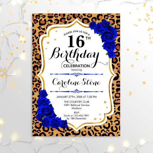 16. Geburtstag - Royal Blue Gold Leopard Print Einladung