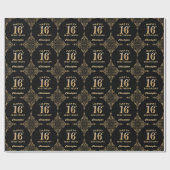 16. Geburtstag Schwarz-Gold-Glitzer-Rahmen Geschenkpapier (Flach)