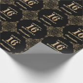16. Geburtstag Schwarz-Gold-Glitzer-Rahmen Geschenkpapier (Ecke)