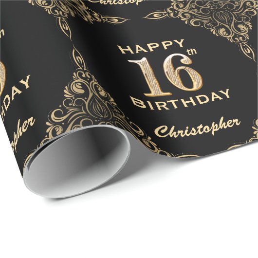 16. Geburtstag Schwarz-Gold-Glitzer-Rahmen Geschenkpapier (Rolleneckpunkt)
