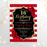 16. Geburtstag - Schwarz-Gold-Rot-Streifen Rose Einladung<br><div class="desc">16. Geburtstag Einladung Elegantes Schwarz-weißes Design mit Imitaten Glitzer Gold. Marsalawein mit roten und weißen Streifen mit Rose. Ideal für eine elegante Geburtstagsfeier.</div>
