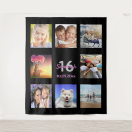 16. Geburtstag schwarz-rosa Foto Collage Wandteppich