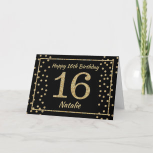 16. Geburtstag Schwarz und Gold Glitter Konfetti K Karte