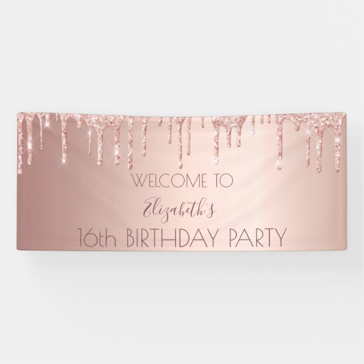 16. Geburtstag Schwarze Rose Gold Tropfen willkomm Banner (Horizontal)