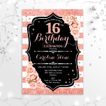 16. Geburtstag Schwarze Rose Gold und weiße Streif Einladung<br><div class="desc">Einladung zum 16. Geburtstag. Elegante Rose in Schwarz und Weiß mit Imitat Glitzer. Enthält Streifen,  Rosen in Rosa rot,  Schriftart und Konfetti. Ideal für eine elegante Geburtstagsfeier.</div>