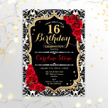 16. Geburtstag - Schwarze Rote Rosen Einladung<br><div class="desc">16. Geburtstag Einladung Elegantes Schwarz-weißes Design mit Imitaten Glitzer Gold. Enthält Damast-Muster und rote Rosen. Ideal für eine elegante Geburtstagsfeier.</div>